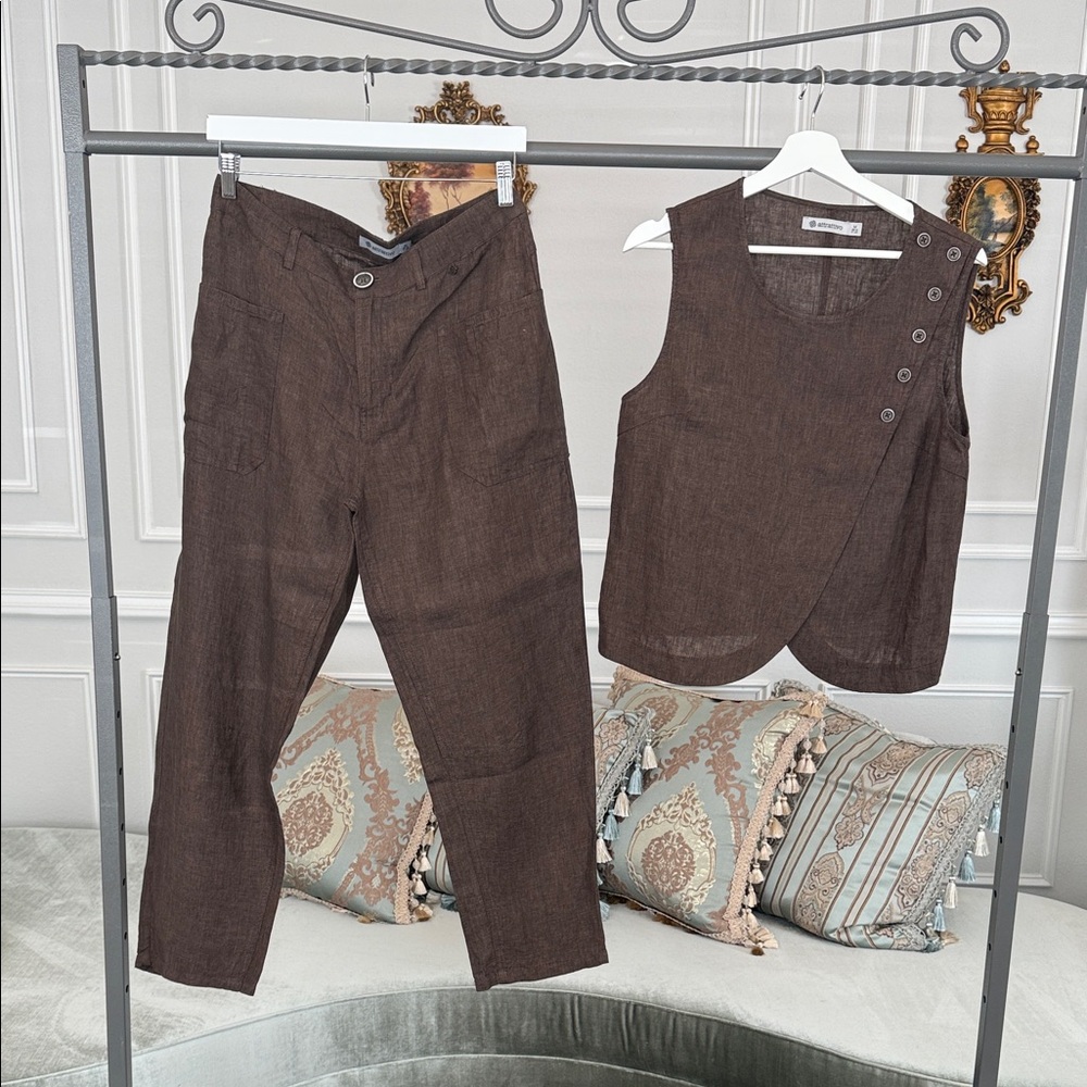 NWOT ATTRATTIVO LINEN SET SIZE M Chic Brown SET and Pants Ensemble